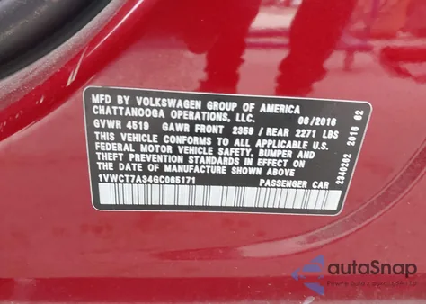 2016 Volkswagen Passat 1.8T Sel z USA, uszkodzony, nr VIN 1VWCT7A34GC065171